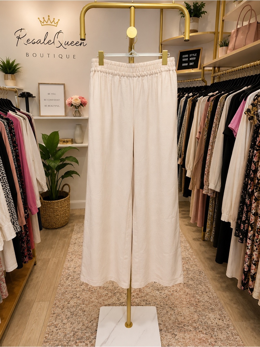 Women's Cream Wide-Leg Elastic Waist Trousers